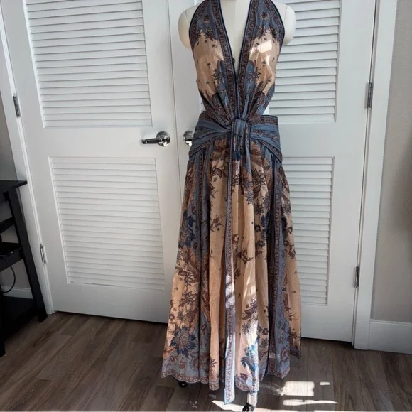 NWOT Zimmermann Beige and Blue Paisley Halter Tie-Waist Maxi Dress - Picture 6 of 12